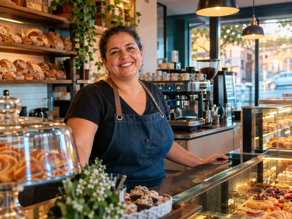 Dona de padaria sorrindo atrás do balcão
