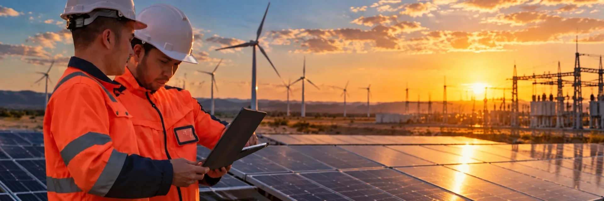 Técnicos em parque de energia solar e eólica ao pôr do sol