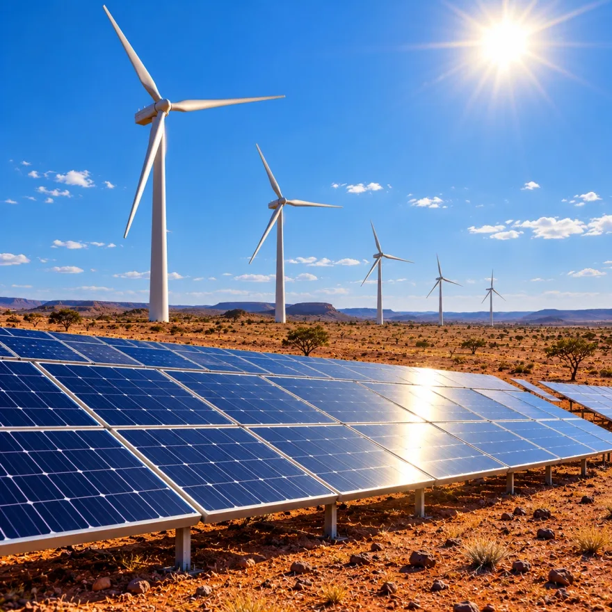 Parque com painéis solares e turbinas eólicas sob céu azul