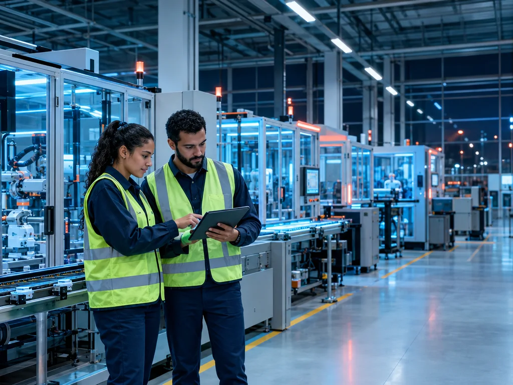 Engenheiros analisando dados em um tablet dentro de uma fábrica moderna