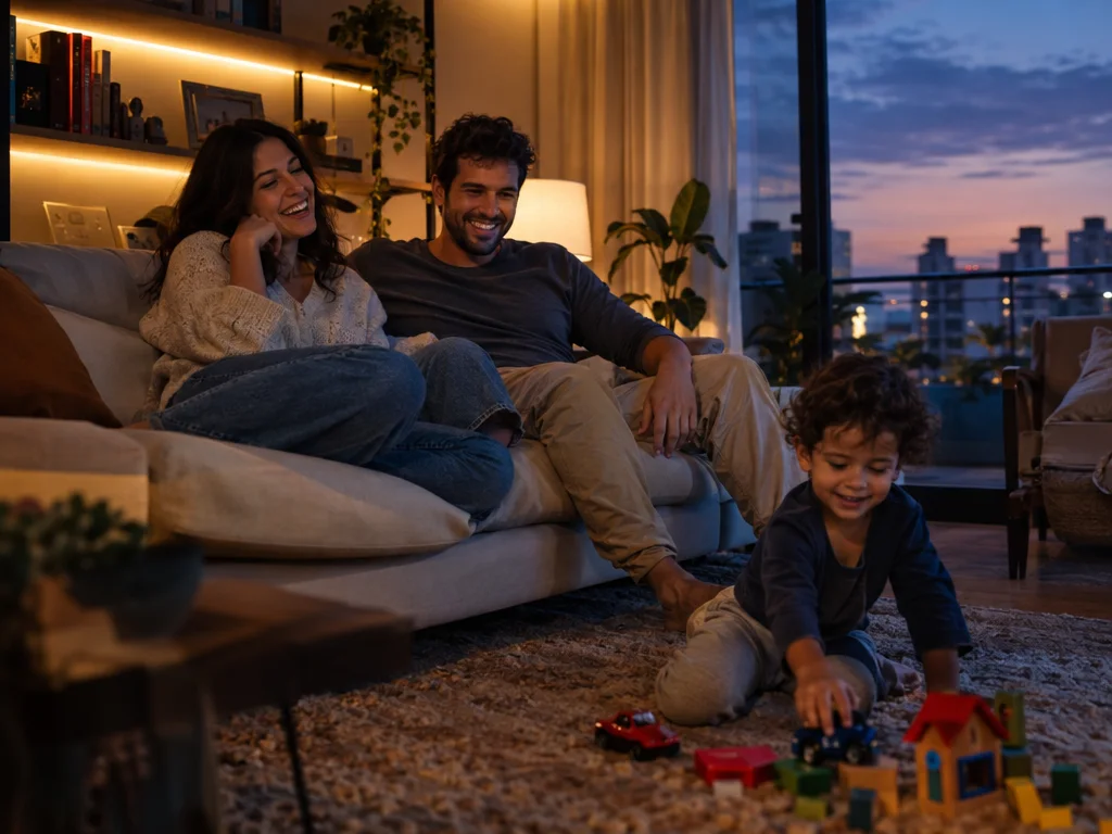 Família relaxando na sala de casa à noite com as luzes acesas